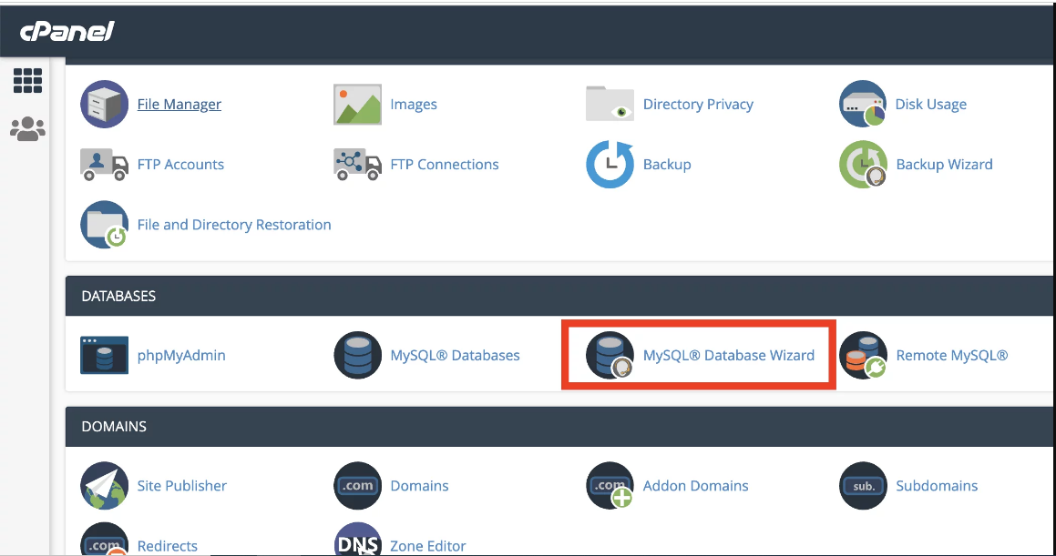 وارد my sql database wizard شوید