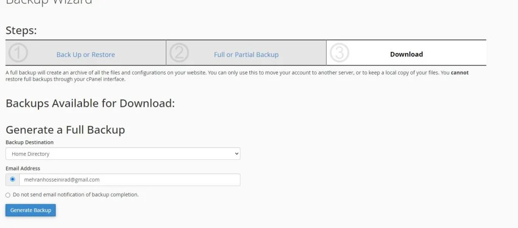 ساخت بک آپ در سی پنل تمام شد