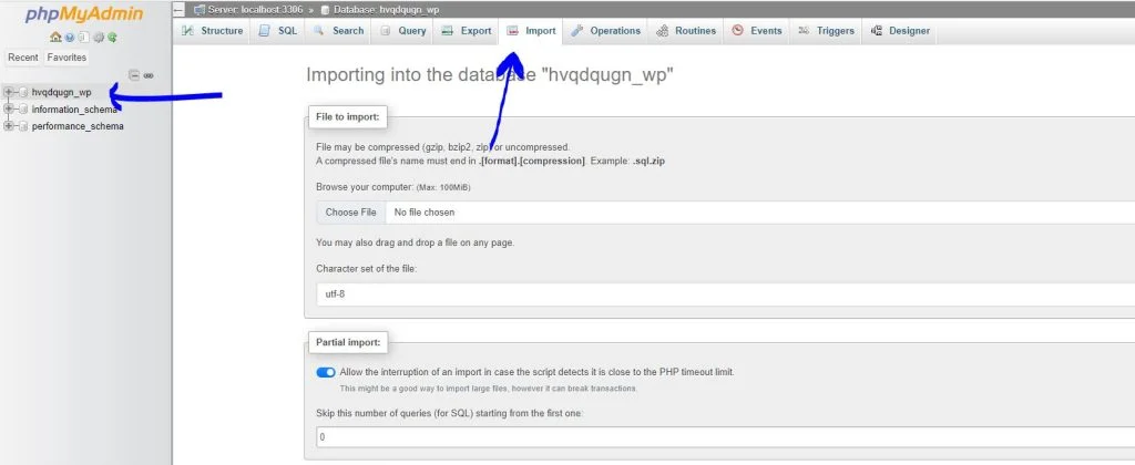 ایمپورت دیتابیس در سی پنل