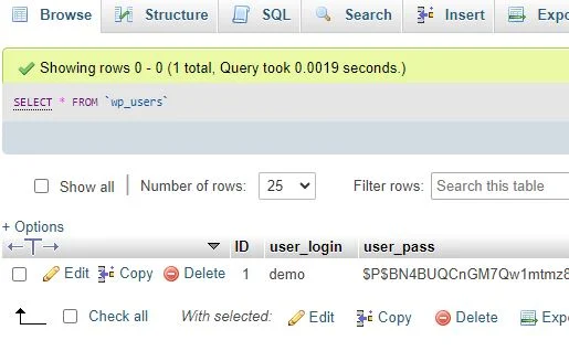 تغییر رمز پنل مدیریت وردپرس از PhpMyAdmin