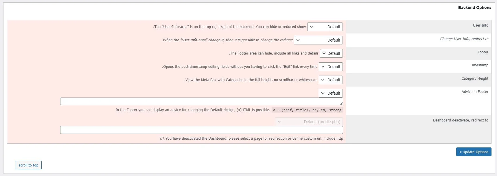تنظیمات Backend Options