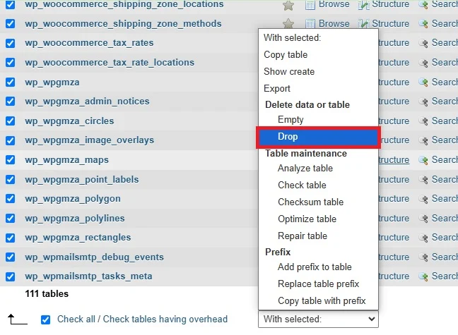 خالی کردن پایگاه داده در دیتابیس سی پنل