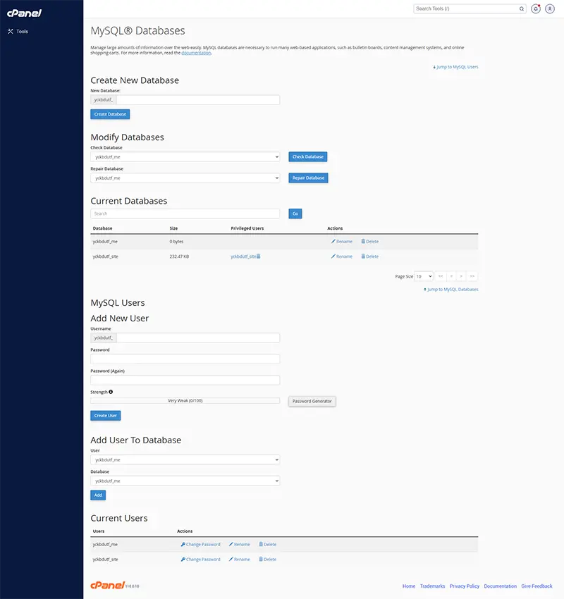 اطلاعات دیتابیس در سی پنل