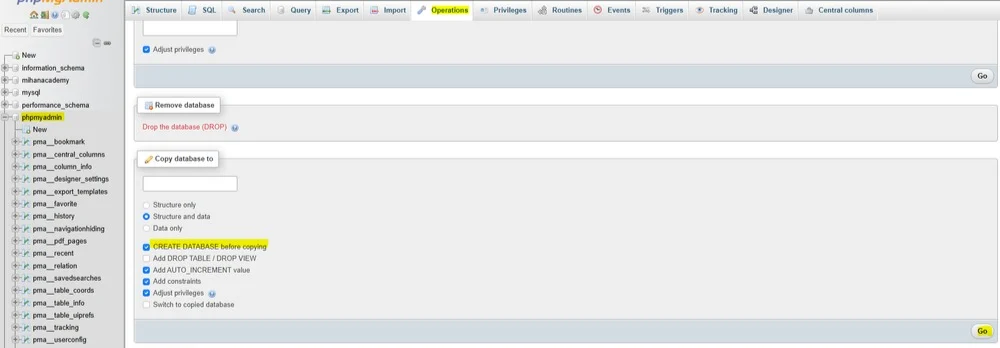 بر روی دکمه Operations  در بالا PHPMyAdmin کلیک کنید