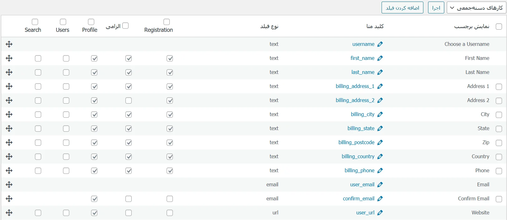 بخش فیلد ها در افزونه WP-Members