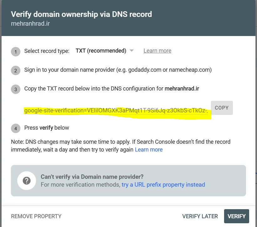 ثبت سایت با DNS Record در سرچ کنسول
